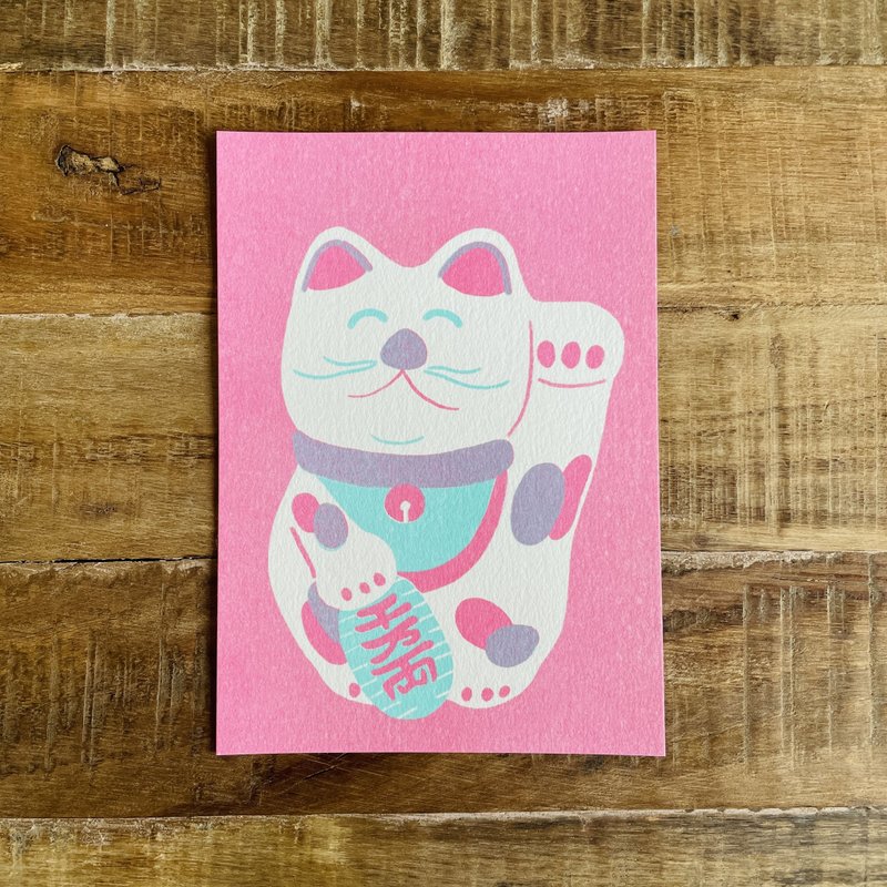 招財貓/粉色/招き猫/孔版印刷明信片 - 卡片/明信片 - 紙 多色