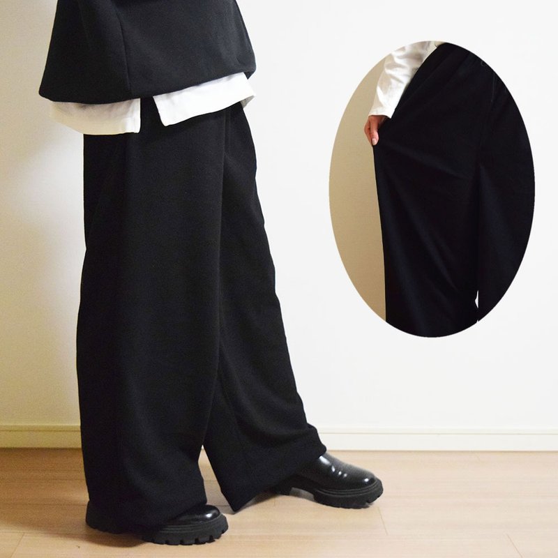 ストレスフリー, 柔らかくきれいなシルエット ,リラックス　ストレッチニット,タックワイドパンツ,ブラック - 女長褲 - 其他人造纖維 黑色