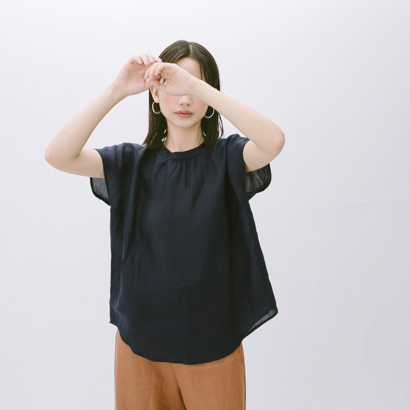 小圓領上衣 - 海軍藍 - 女上衣/長袖上衣 - 棉．麻 藍色