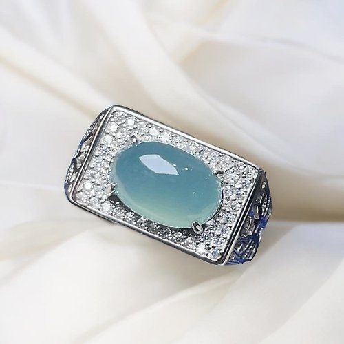瓔珞珠寶盒 E.L.Jewelry Box 冰藍水翡翠蛋面925純銀鑲嵌戒指 | 天然緬甸玉翡翠A貨
