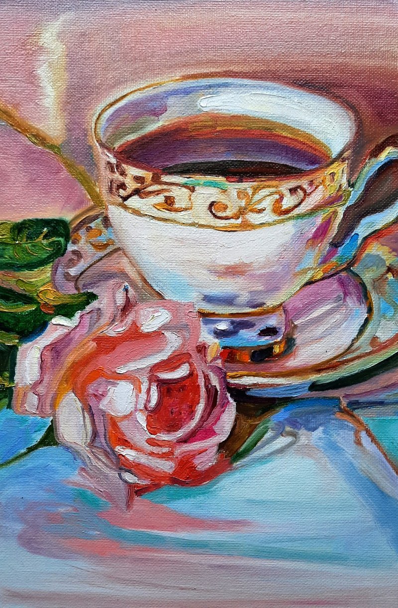 Rosa and Tea  Painting Original Art Oil Painting  Wall Decor - 壁貼/牆壁裝飾 - 其他材質 粉紅色