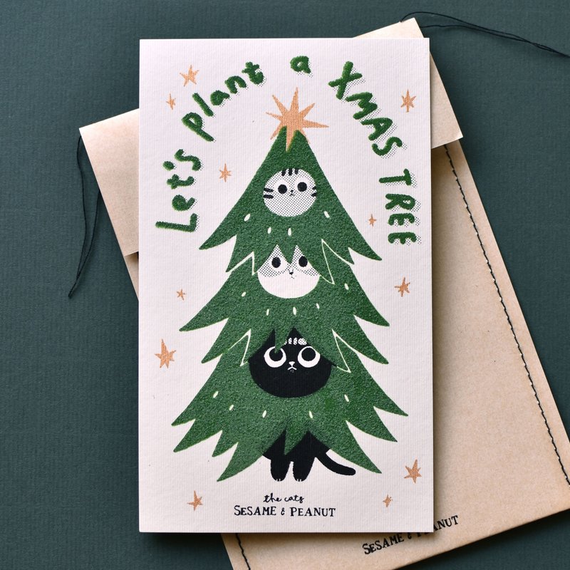 XMASツリーを植えましょう手作りのシルクプリントのクリスマスカードミレットホワイト - はがき・メッセージカード - 紙 ホワイト