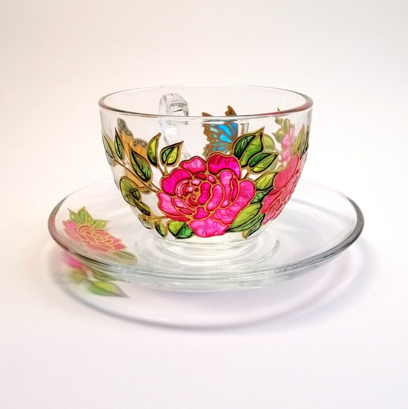 Pink peony tea cup and saucer Butterfly tea cup hand painted Flower tea set - Teapots & Teacups - Glass Red