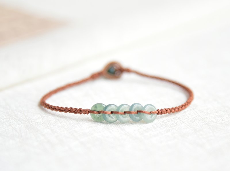 【五福】天然危地馬拉翡翠平安扣手工線編傳統繩結閨蜜寓意小禮物 - 手鍊/手鐲 - 玉石 紅色