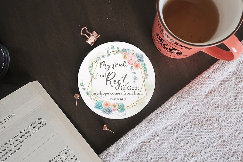 Succulent Peony Floral Christian Coaster with Bible Verse Psalm 62:5 - Coasters - Pottery Pink