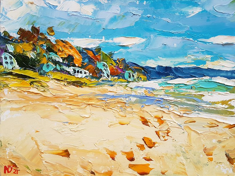 Beach Oil Small Painting Original Seascape Artwork Seaside Wall Art Seashore - 掛牆畫/海報 - 其他材質 黃色