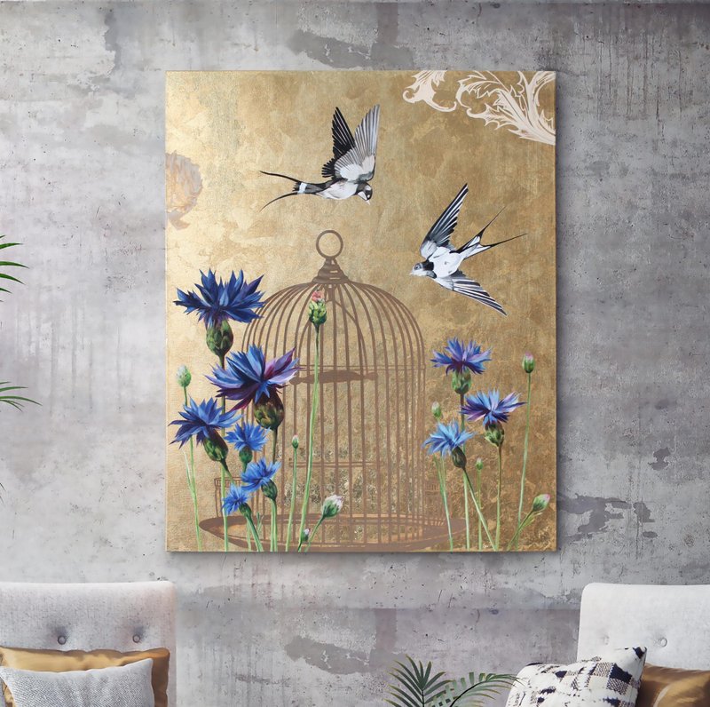 Charming Birds Painting on Gold Background | Birds with flowers 3 - 壁貼/牆壁裝飾 - 棉．麻 藍色