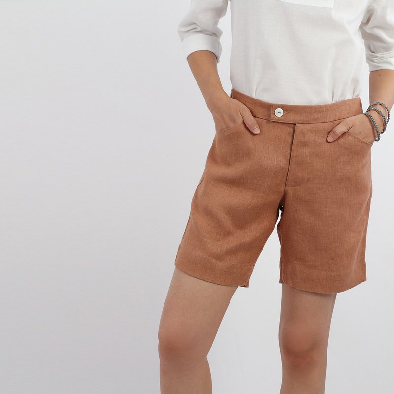 Linen Shorts, Brown - 女長褲 - 棉．麻 咖啡色