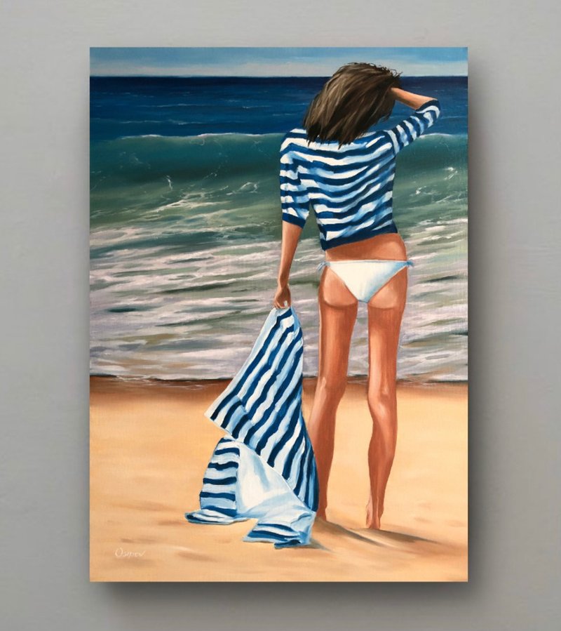 Original Oil Painting On Canvas Beach Ocean Artwork Women Painting Seascape Art - 壁貼/牆壁裝飾 - 棉．麻 多色