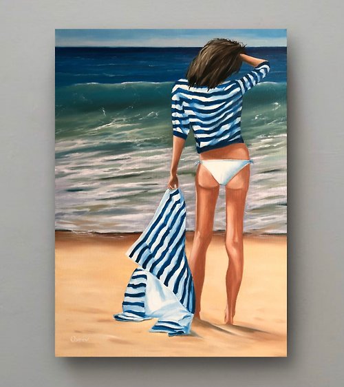 OsipovArtStudio Original Oil Painting On Canvas Beach Ocean Artwork Women Painting Seascape Art