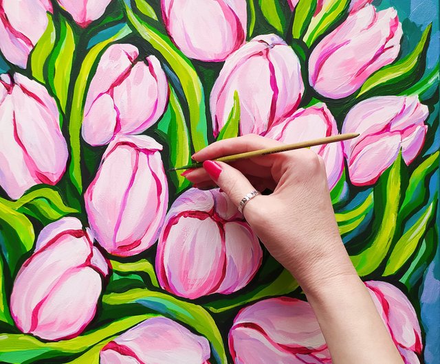 tulips    花　絵画     アクリル画  チューリップ チューリップ 花 絵画アクリルキャンバス オリジナル アート 春