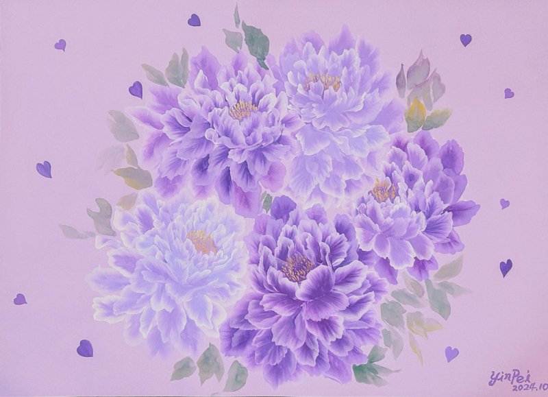 Purple dreamy love peony blessing bouquet original hand-painted hanging painting with wooden frame - Posters - Paper 