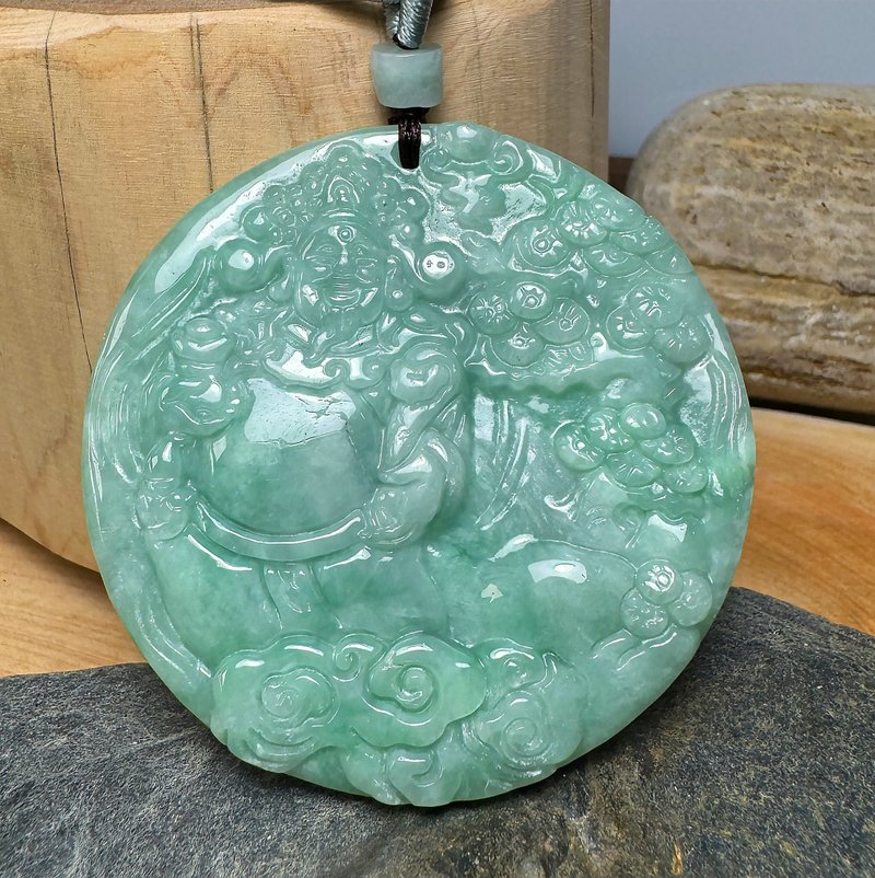 F08 冰潤 財神爺 山水牌 花青種 天然 緬甸玉 翡翠 A貨 項鍊 吊墜 - 項鍊 - 玉石 多色