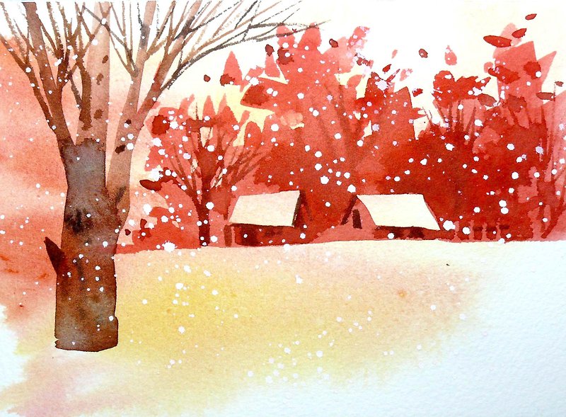 Sakura Red Forest Series 505-Watercolor Hand Painted Limited Edition Postcard/Christmas Card - Cards & Postcards - Paper Red