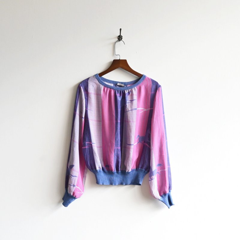 [Egg Plant Vintage] Purple Shadow Ben printed vintage top - Women's Tops - Other Man-Made Fibers 