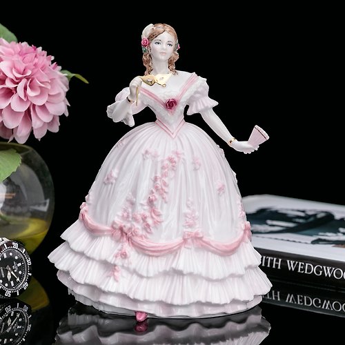 擎上閣裝飾藝術 英國製Royal Worcester化妝舞會1991粉紅玫瑰手繪限量仕女瓷偶