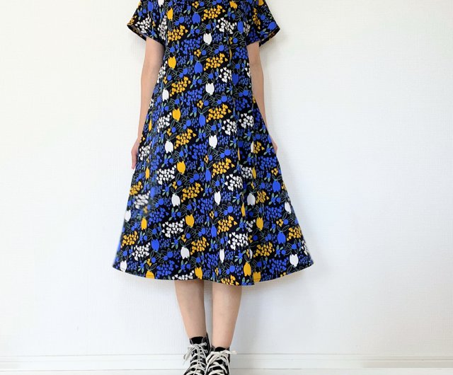 Blueberry One Piece Dress Short Sleeve Simple Cotton Satin Black Flower Shop Loosey Goosey One Piece Dresses Pinkoi