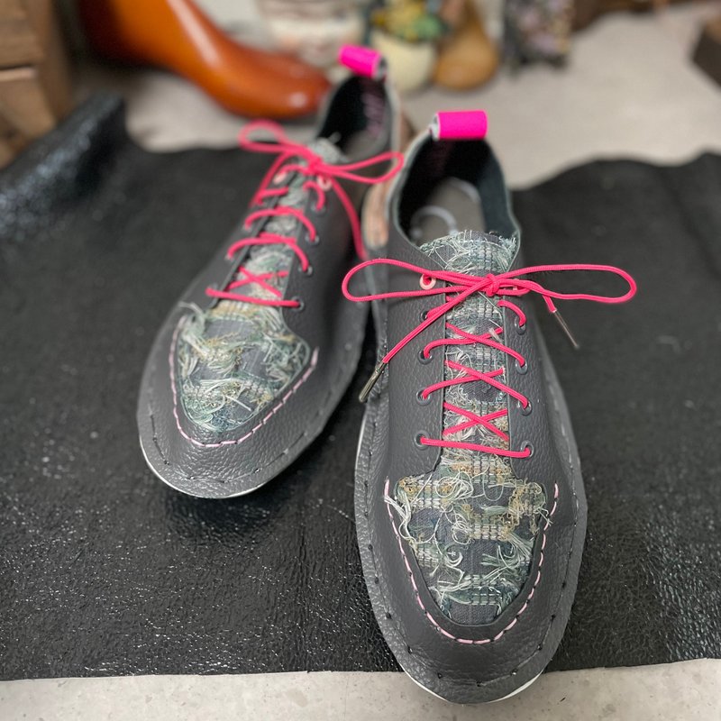 Japan Made 桐生織 　グレーカーキ×ネオンピンク　ローカットスニーカー - 女運動鞋/球鞋 - 真皮 粉紅色