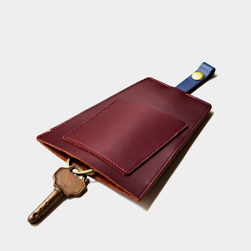 [Goodnight song at the reception] cowhide key case, wine red and blue leather, can hold cards, leisure card credit - ที่ห้อยกุญแจ - หนังแท้ สีแดง