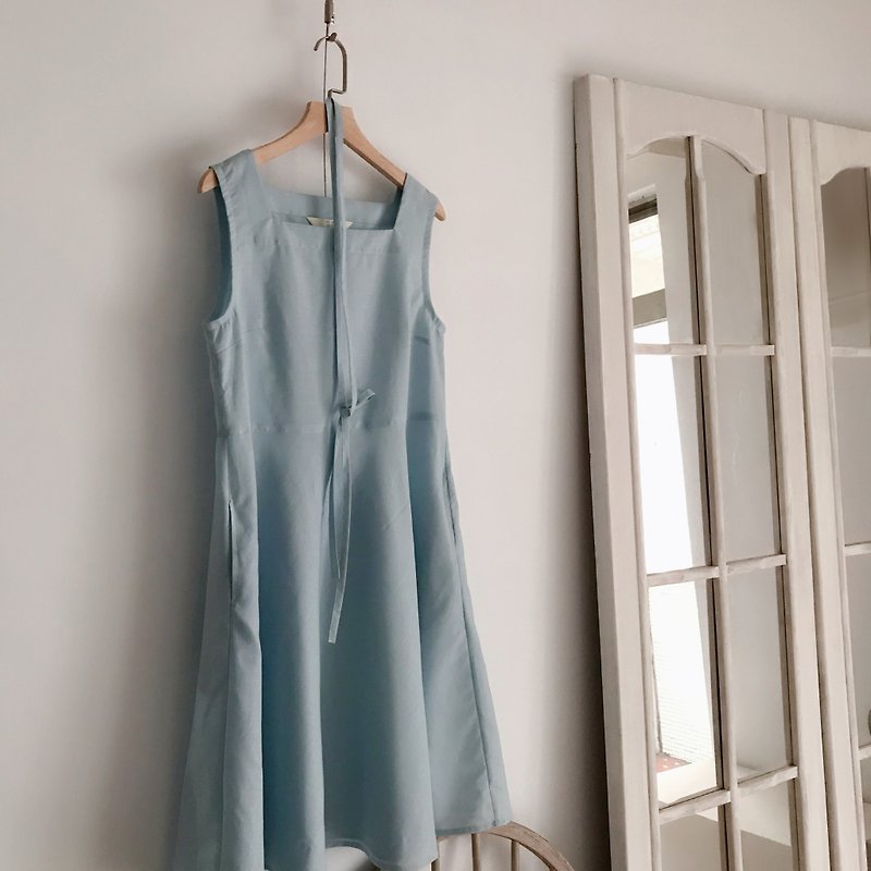 【 洋裝08 】方領轉圈圈圓裙洋裝 - 洋裝/連身裙 - 棉．麻 藍色