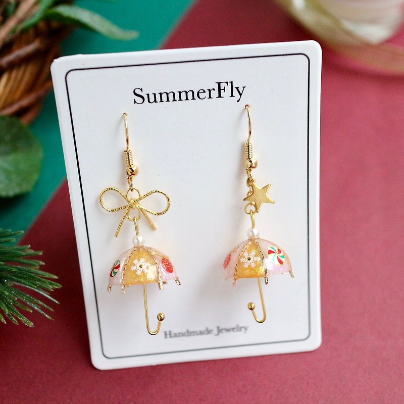 Limited Snow White Gold Umbrella Dangle Earrings 18k Gold Bow Stars New Year Blessing New Year - Earrings & Clip-ons - Resin Gold