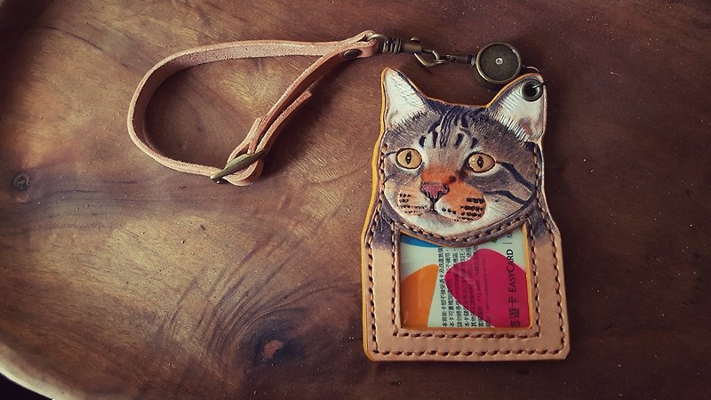 Customized cat original leather pure cowhide retractable identification card / leisure card holder-lettering (birthday, Valentine's gift) - ID & Badge Holders - Genuine Leather Gold