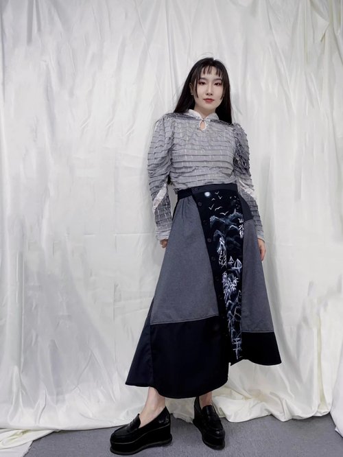 landscape painting tuck skirt6004 meikeiin handmade