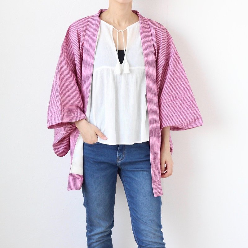 stripe kimono, traditional kimono, authentic kimono, haori jacket /3871 - เสื้อแจ็คเก็ต - เส้นใยสังเคราะห์ สีม่วง