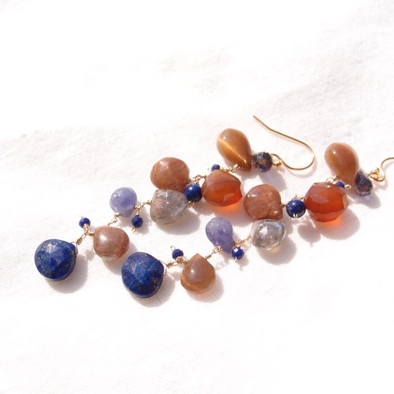 【K14gf】Mobile Earrings　モビールピアス　Brown×Blue - 耳環/耳夾/耳骨夾 - 寶石 咖啡色