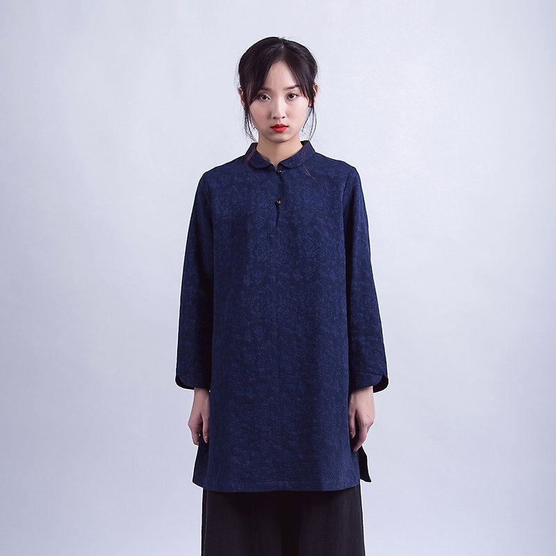New Chinese Style Blue Jacquard Midi Shirt - Women's Tops - Cotton & Hemp 