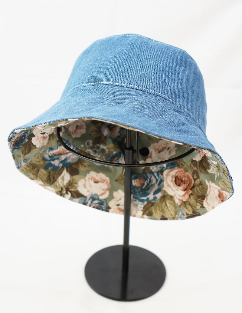 Grass green large flower X washed shallow cowboy handmade limited fisherman hat - Hats & Caps - Cotton & Hemp Blue