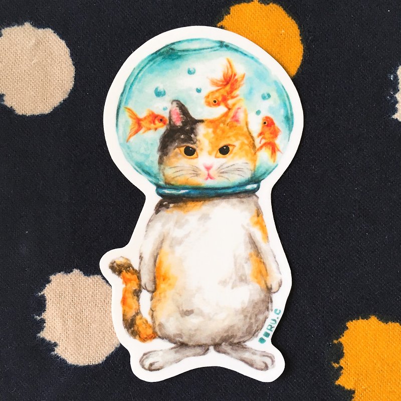 ガラス玉猫金魚猫ゴムフェイスステッカー - シール - 防水素材 多色
