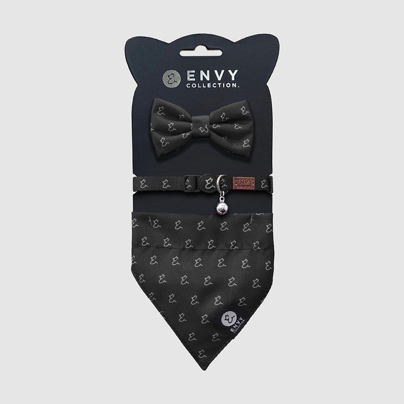 ENVY COLLECTION Cat collar elegant black logo three-piece adjustable bow tie scarf - ชุดสัตว์เลี้ยง - เส้นใยสังเคราะห์ หลากหลายสี