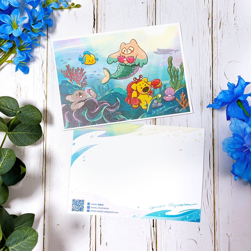 【WUWU Illustration】Original Illustration Postcard Universal Card-Ocean Mermaid - การ์ด/โปสการ์ด - กระดาษ สีน้ำเงิน