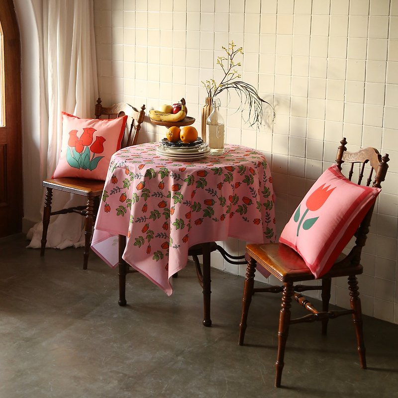 田園復古花朵鬱金香系列印花全棉布藝正方形餐桌布圓桌 - 餐桌布/餐墊 - 棉．麻 粉紅色