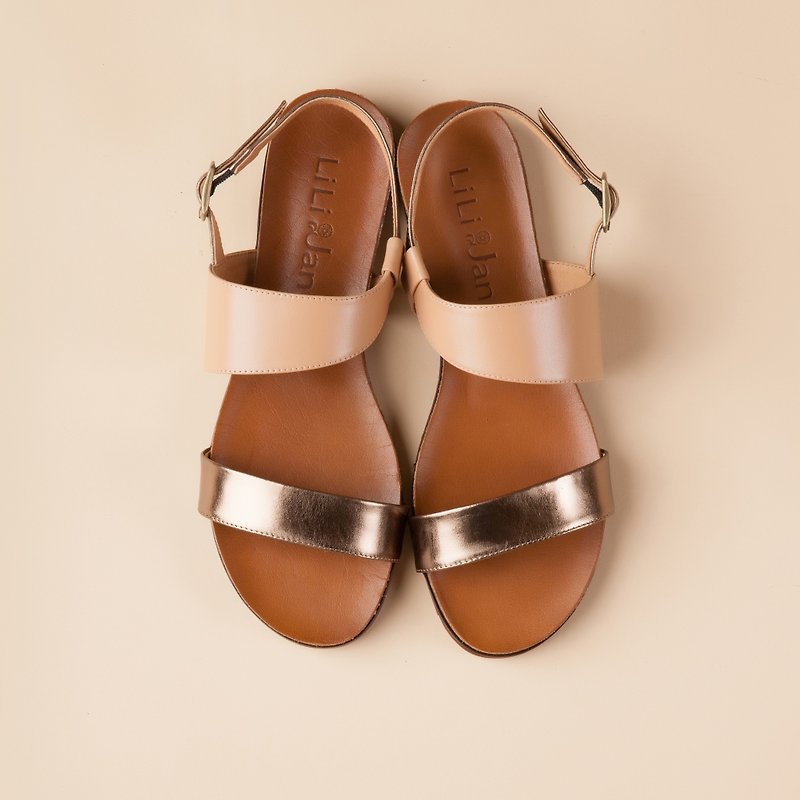 [Temperature] French Romantic full leather sandals with irregular double - champagne / apricot naked - รองเท้ารัดส้น - หนังแท้ สีทอง