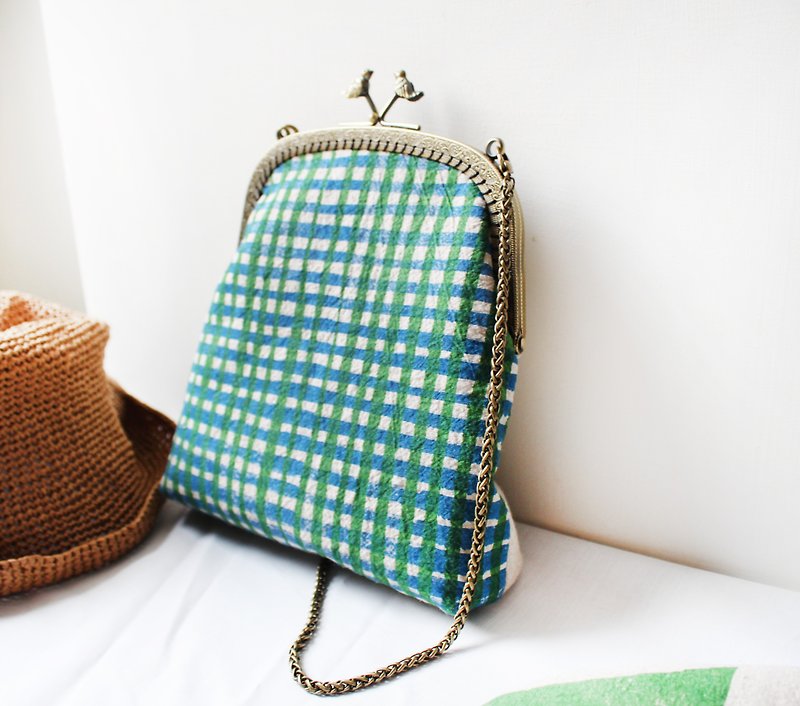 Handmade Silk Clamp Gold Cloth Green Grid (18cm wide) - Messenger Bags & Sling Bags - Cotton & Hemp Green