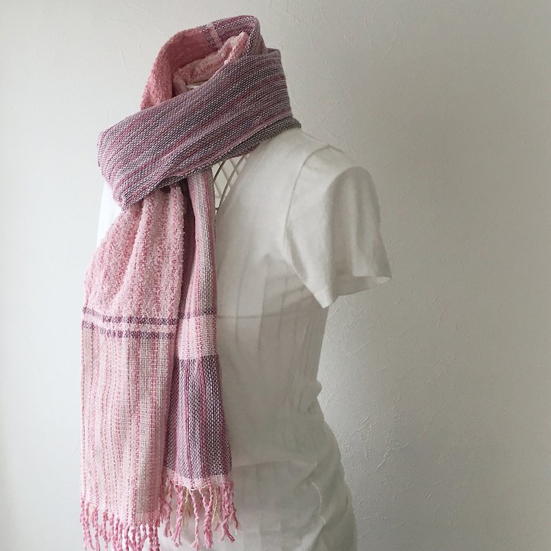 【綿&リネン：オールシーズン】ユニセックス：手織りストール "Beige & Pink" - スカーフ - コットン・麻 ピンク