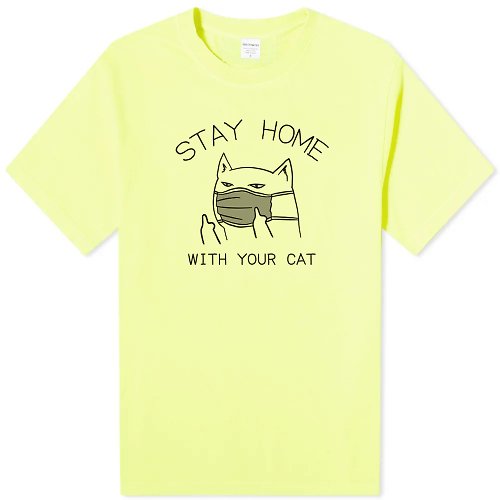hipster STAY HOME WITH YOUR CAT 中性短袖T恤 螢光綠 跟你的貓咪待在家