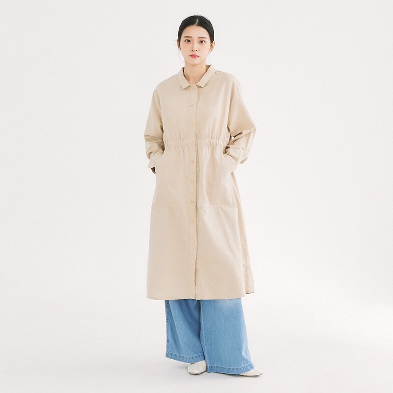 【Simply Yours】Shrunk Linen and linen long dress, off-white F - One Piece Dresses - Cotton & Hemp Khaki