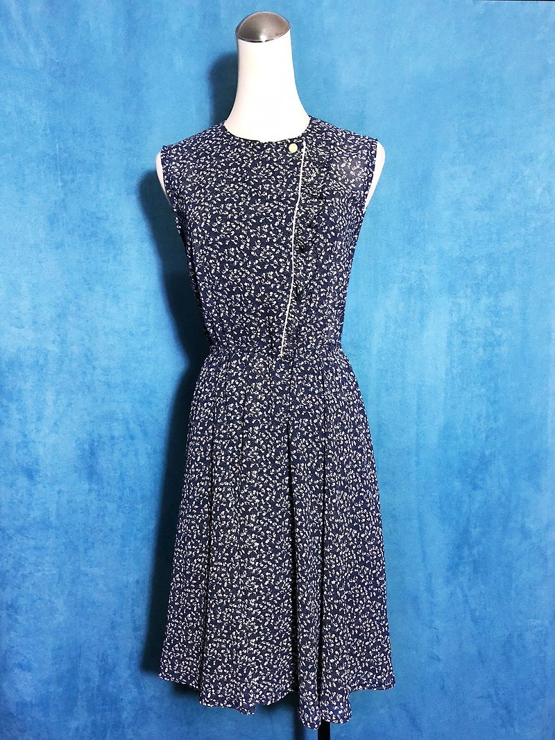 Dark blue flowers ruffled sleeveless vintage dress / foreign brought back VINTAGE - One Piece Dresses - Polyester Blue