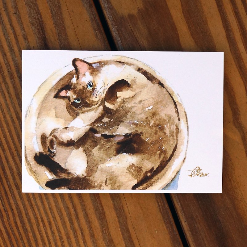 Watercolor Painted Haired Boy Series Postcard - a bowl of small Siamese meat - Cards & Postcards - Paper Brown