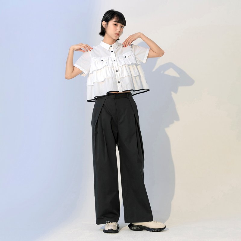 斜釦盒褶直筒寬褲 - 女長褲 - 棉．麻 黑色