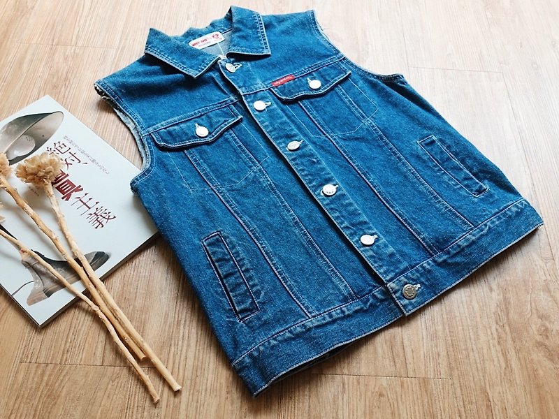 Vintage / vest no.51 - เสื้อกั๊กผู้หญิง - ผ้าฝ้าย/ผ้าลินิน สีน้ำเงิน