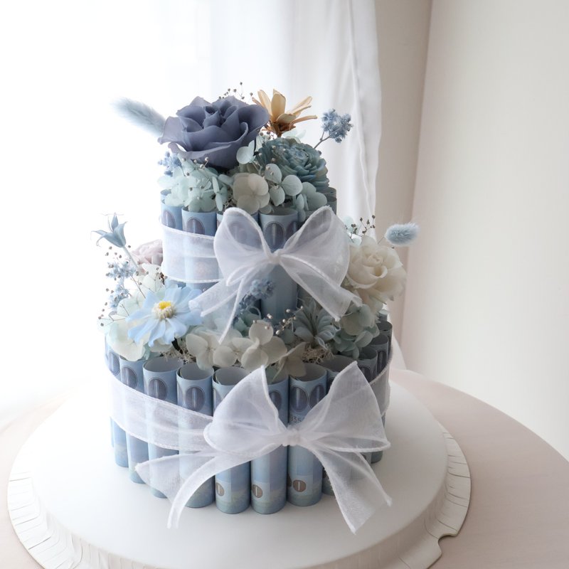 Glacier Blue Valentine's Day Money Spending Two-Layer Cake Eternal Flower Money Mother's Day Father's Day Birthday Opening Ceremony - Dried Flowers & Bouquets - Plants & Flowers Multicolor