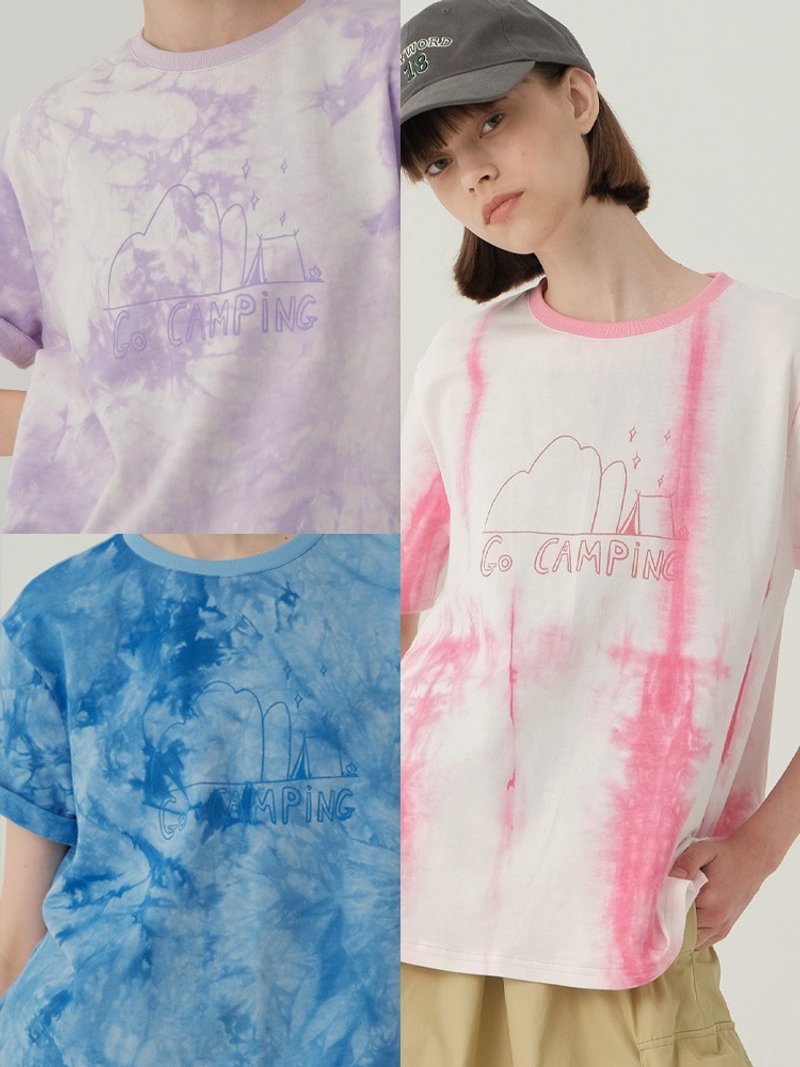 ECRU SOLI Plain White Already Go Camping Hippy Tie Dye Print Loose TEE - เสื้อยืดผู้หญิง - ผ้าฝ้าย/ผ้าลินิน หลากหลายสี