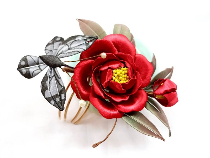 Red Rose Butterfly Silk Flower Traditional Handmade Hairpin Head Accessories - เครื่องประดับผม - งานปัก สีแดง