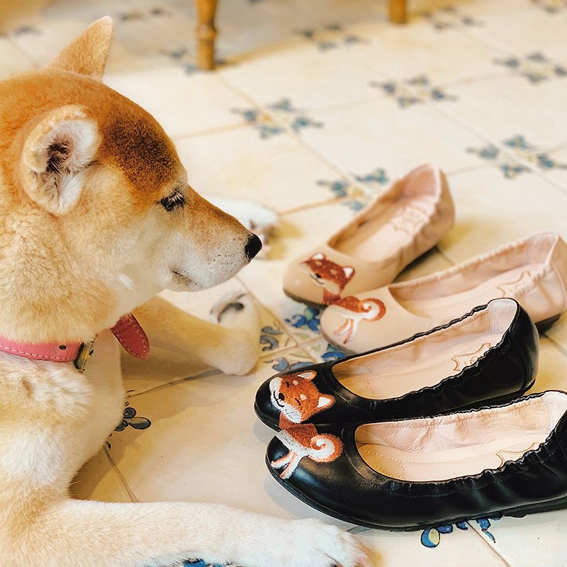 Congratulations on the Shiba Inu Embroidery thread ballet shoes - Mary Jane Shoes & Ballet Shoes - Genuine Leather Black
