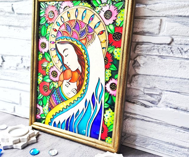 ステンドグラスオリジナル絵画母と子聖母マリア壁の装飾モザイク