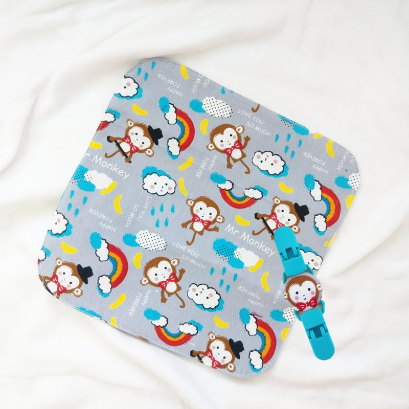 Mr Monkey. Double-sided cotton handkerchief / handkerchief holder (name can be embroidered) - ผ้ากันเปื้อน - ผ้าฝ้าย/ผ้าลินิน สีน้ำเงิน